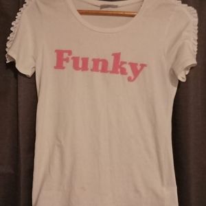 Funky tee with ruffles on the sleeves.